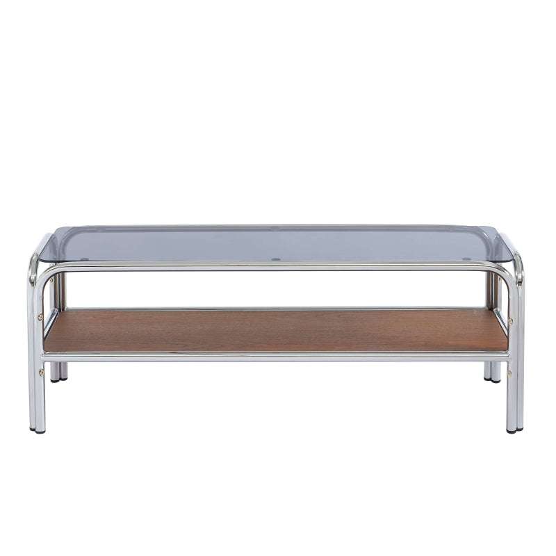 Meuble TV 120cm verre trempé noir et placage noyer, structure chromée contemporaine