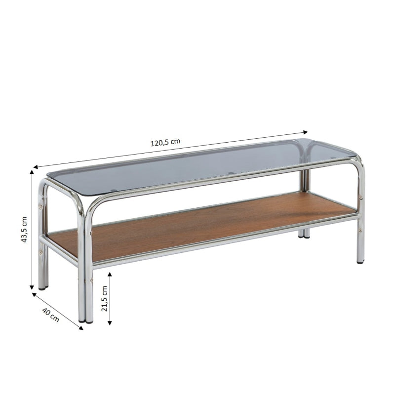 Meuble TV MAGGY verre trempé placage noyer structure en chrome 120cm