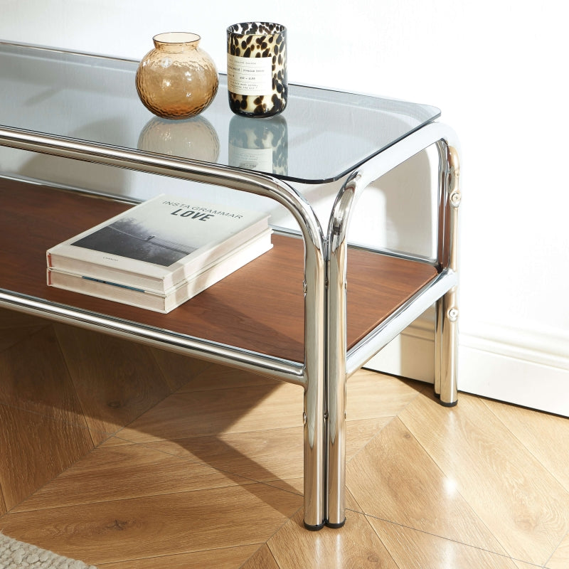Meuble TV MAGGY verre trempé placage noyer structure en chrome 120cm