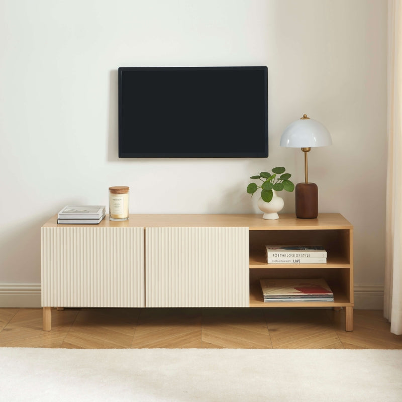 Meuble TV ORCA effet chêne et portes beiges 140 cm