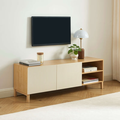 Meuble TV ORCA effet chêne et portes beiges 140 cm