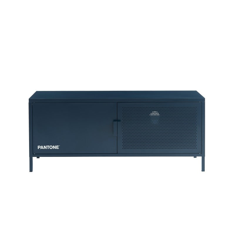 Meuble TV métal bleu nuit 120cm design industriel, finition PANTONE sur mesure
