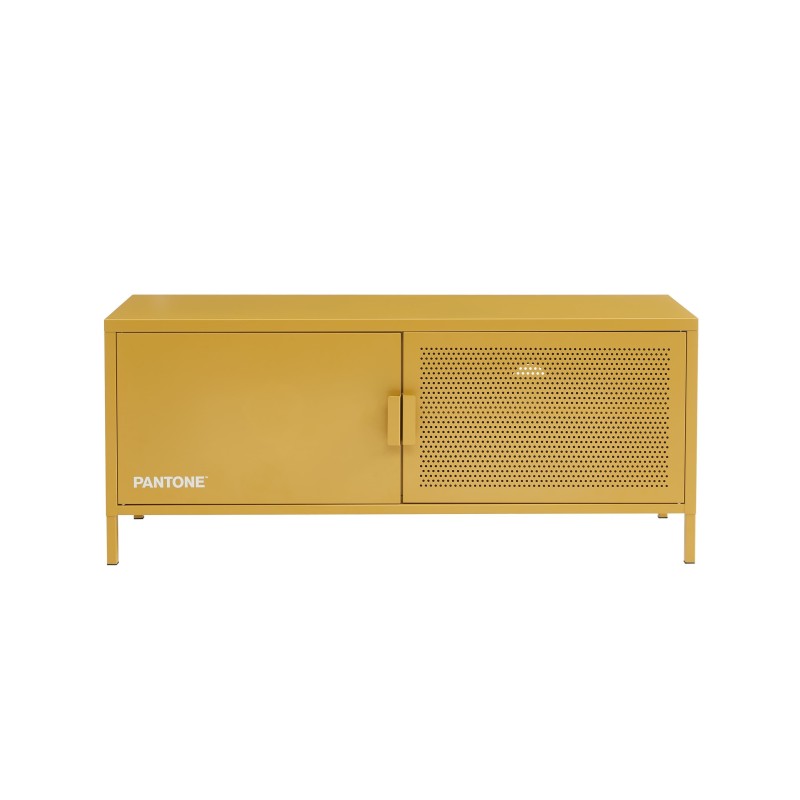 Meuble TV en métal jaune moutarde 120cm, style industriel pour salon contemporain