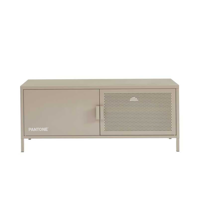 Meuble TV métal taupe 120cm design industriel, structure entière en métal coloris PANTONE