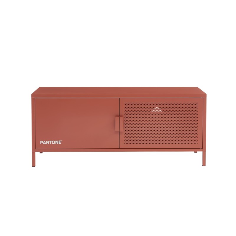 Meuble TV industriel 120cm en métal terracotta, design PANTONE pour salon contemporain