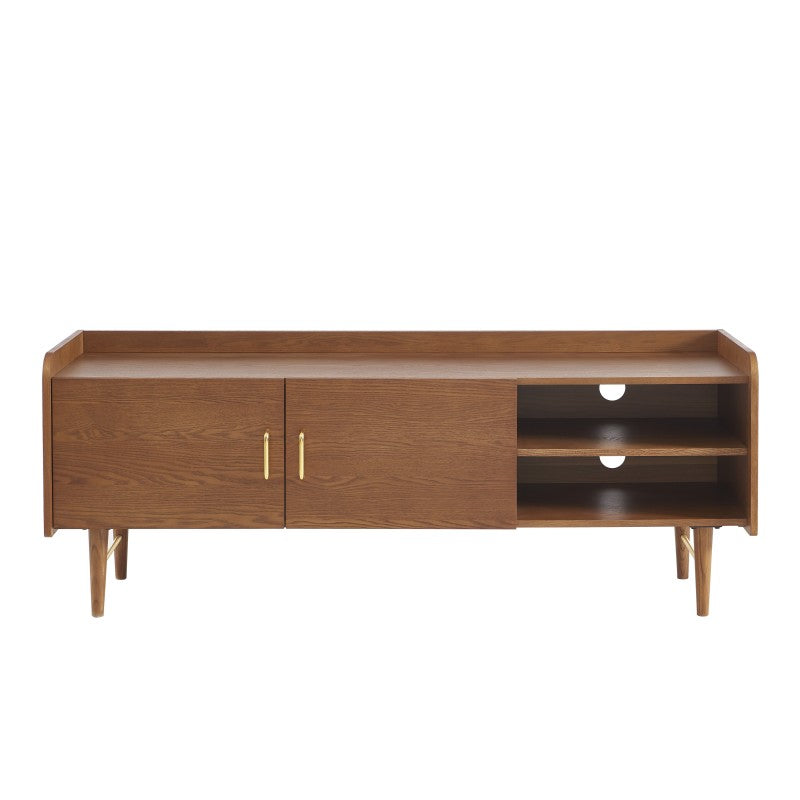 Meuble TV 150x57cm placage frêne naturel sur structure MDF, finition bois chaleureuse