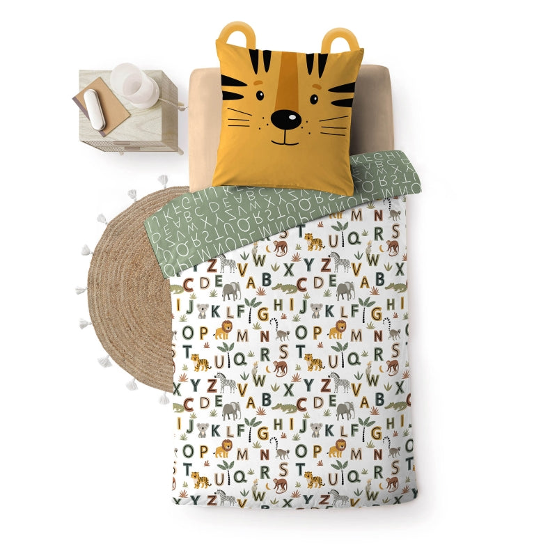 Parure de couette enfant 140x200 cm motif tigre ludique, housse et taie d'oreiller assortie
