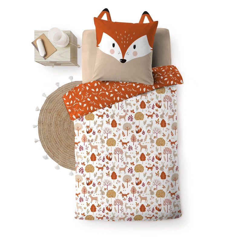 Parure de couette enfant 140x200 cm motif renard, housse et taie d'oreiller assortie