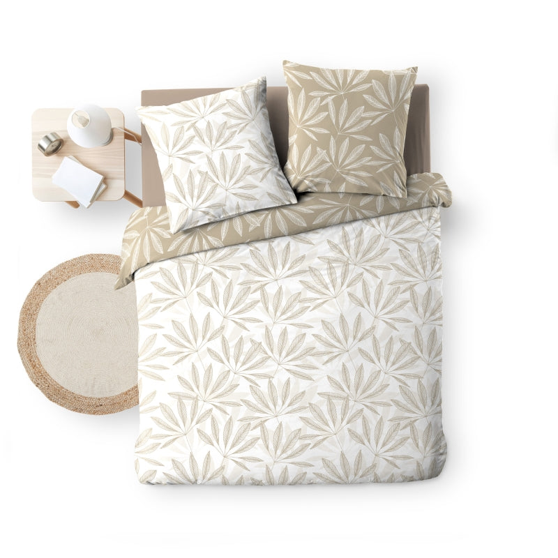 Parure de couette JAKU naturel 260x240 cm motif feuille, housse et 2 taies d'oreiller