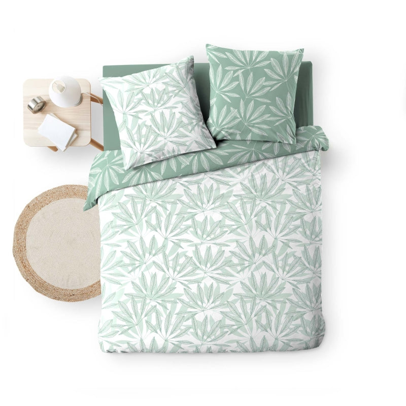 Parure de couette JAKU sauge 240x220 cm, motif feuille, housse et 2 taies d'oreiller