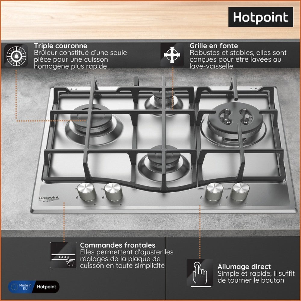 Plaque de cuisson gaz HOTPOINT PCN641TIXHA : 4 foyers inox, triple couronne et allumage à une main