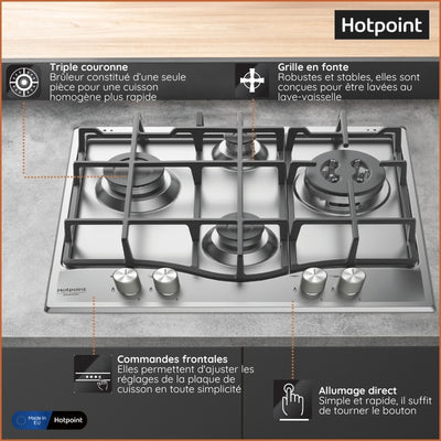 Plaque de cuisson gaz HOTPOINT PCN641TIXHA : 4 foyers inox, triple couronne et allumage à une main