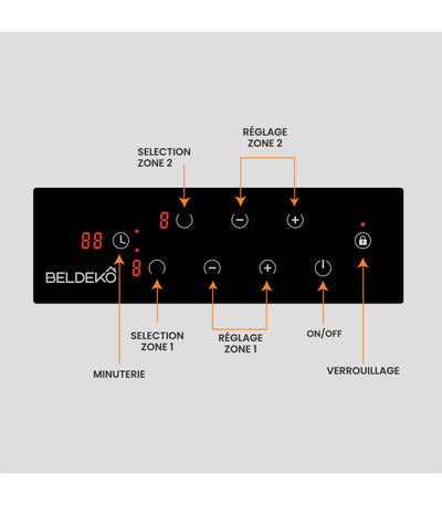 Plaque vitrocéramique domino BELDEKO BTV2Z-F03VNOC : 2 foyers encastrable, commandes sensitives et double minuterie