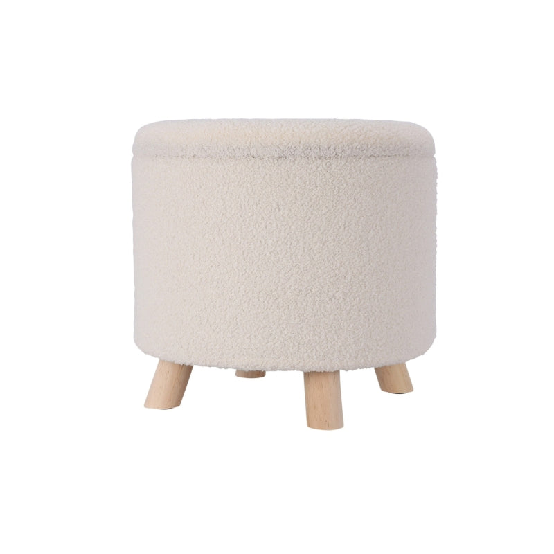Pouf avec rangement en tissu bouclette blanc et pieds bois, design compact pour salon