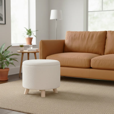 Pouf avec rangement OAD en tissu bouclette blanc et pieds bois