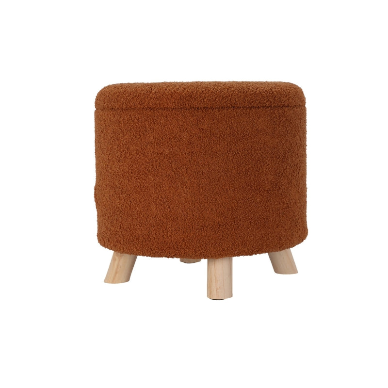 Pouf avec rangement tissu bouclette orange, pieds bois, salon moderne