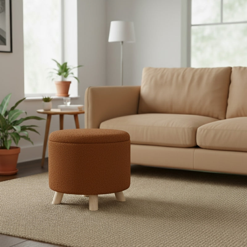 Pouf avec rangement OAD en tissu bouclette orange et pieds bois