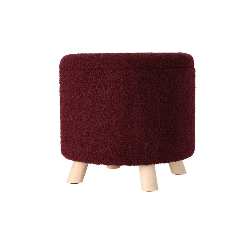 Pouf avec rangement en tissu bouclette prune, pieds bois, pour salon moderne