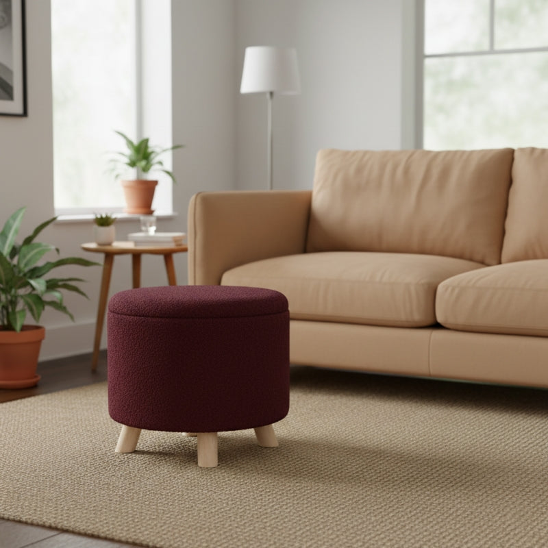 Pouf avec rangement OAD en tissu bouclette prune et pieds bois