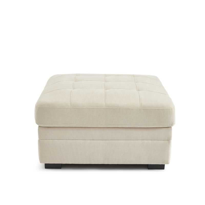 Pouf coffre BILLIE en tissu chenille beige, assise moelleuse et rangement intégré