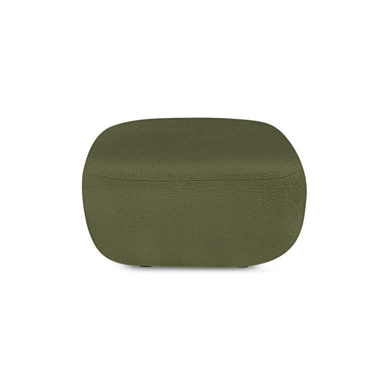 Pouf salon tissu chenille vert kaki, lignes arrondies style contemporain