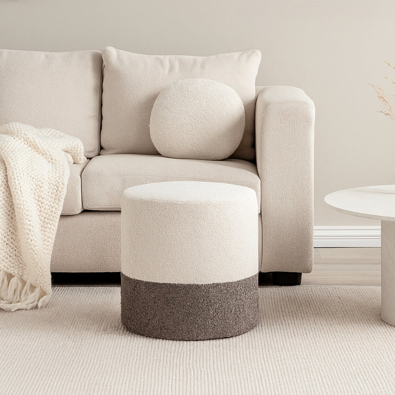 Pouf HAN en tissu bouclette blanc et gris