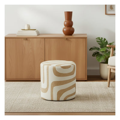 Pouf KON en tissu blanc et motif beige