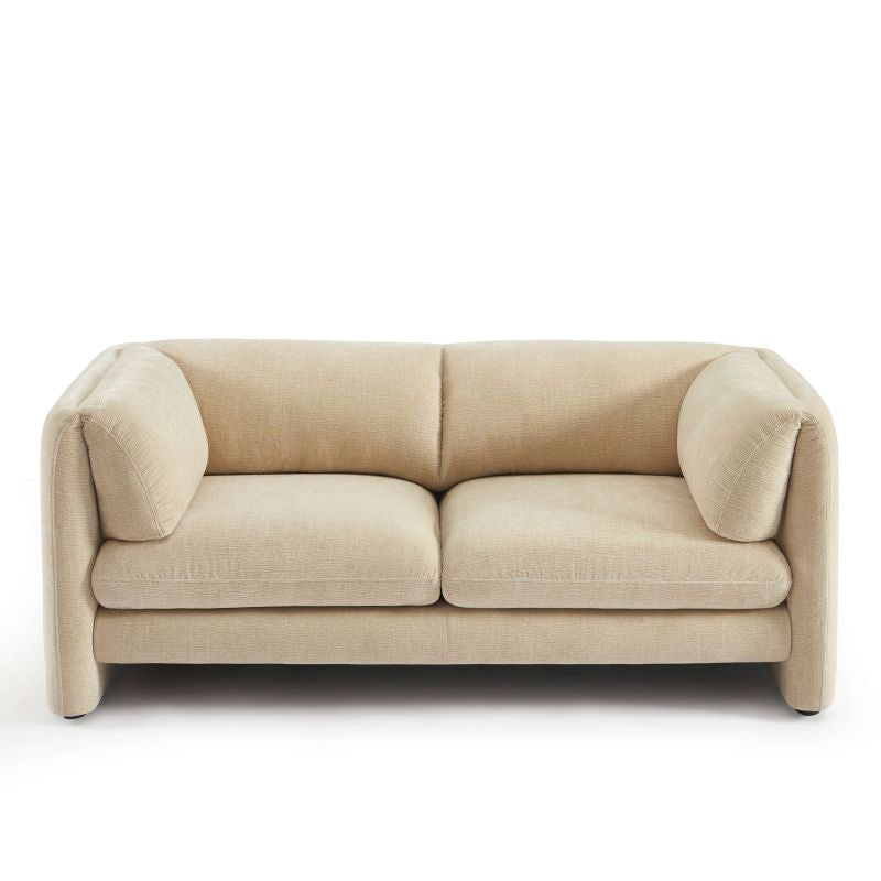 Canapé droit 2 places velours texturé beige, lignes arrondies design contemporain