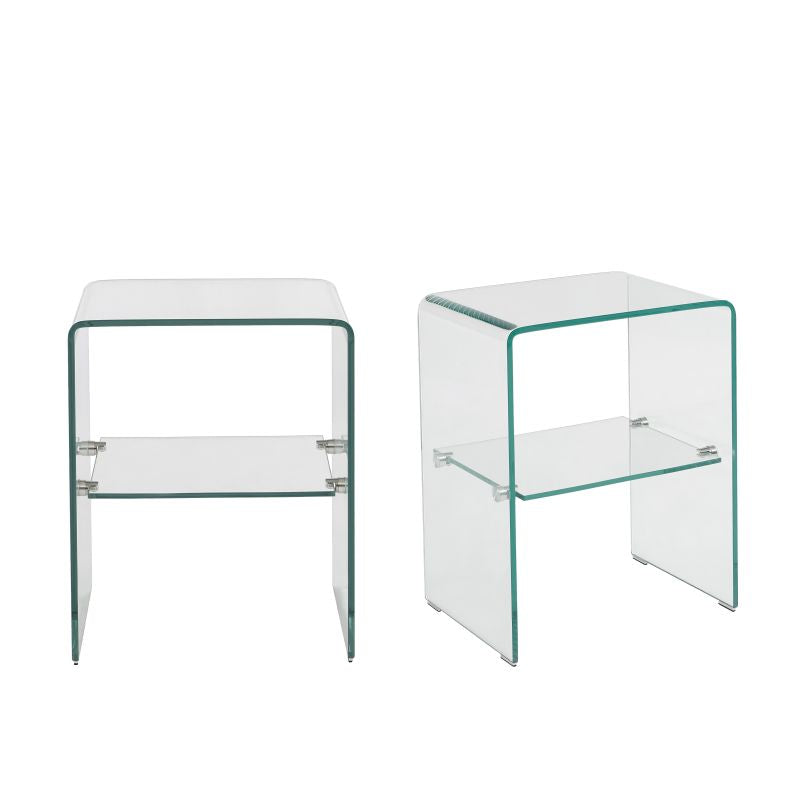 Lot de 2 tables de chevet en verre trempé transparent, design minimaliste aux lignes arrondies