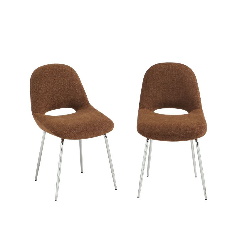 Lot de 2 chaises tissu chenille marron pieds métal, design contemporain salle à manger
