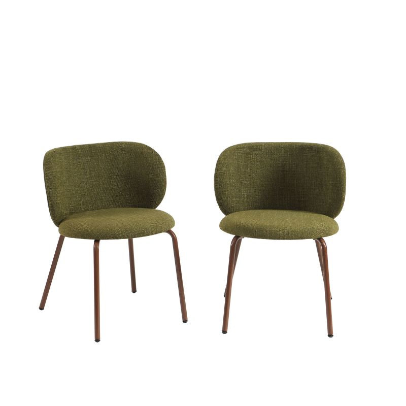 Lot de 2 chaises tissu chenille vert assise enveloppante, pieds métal marron, style contemporain