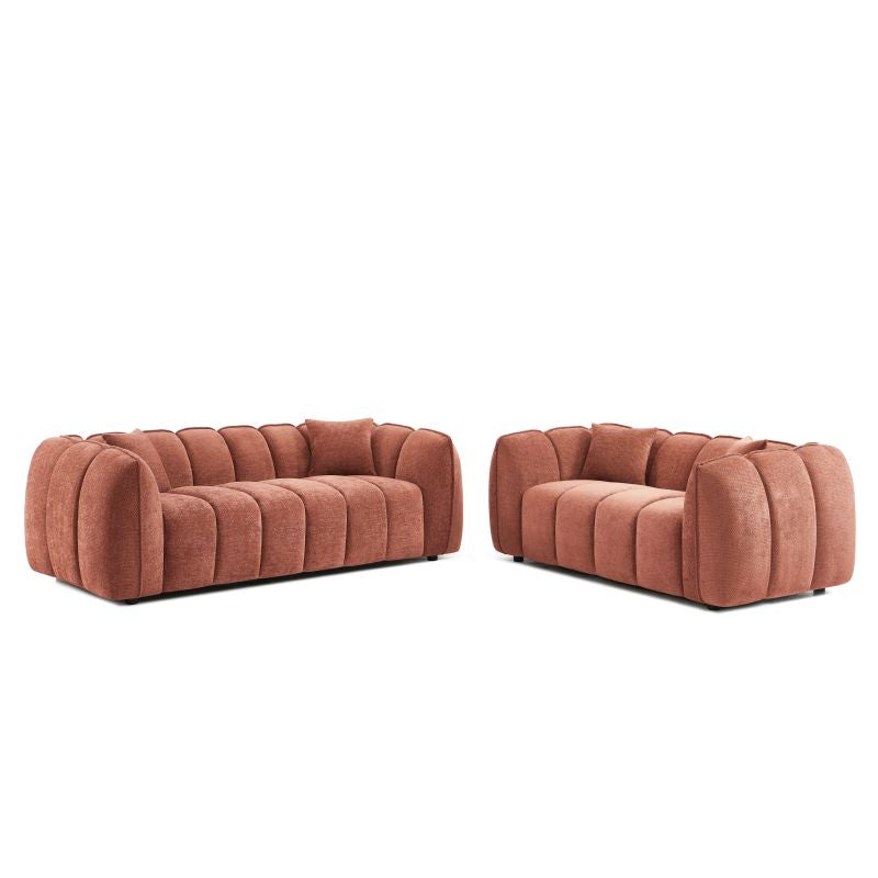 Ensemble canapés droits fixes 3 et 2 places tissu chenille rouge brique style intemporel