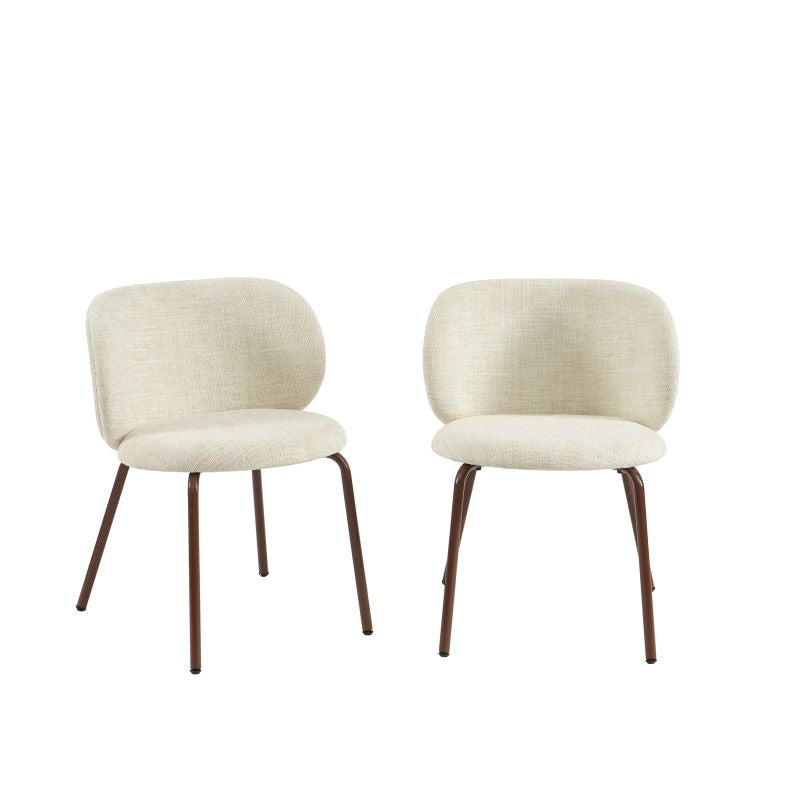 Lot de 2 chaises tissu chenille écru, pieds métal marron, assise enveloppante