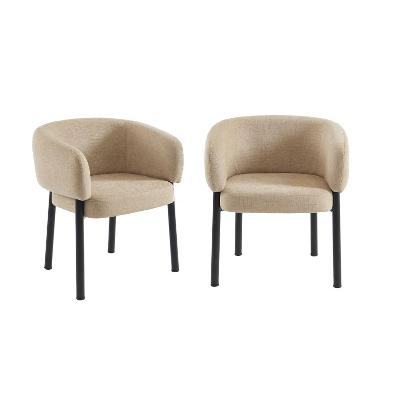 Lot de 2 fauteuils de table velours tramé beige avec accoudoirs et pieds métal noir