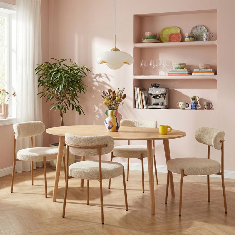 Ensemble repas table extensible ORACLE placage chêne et lot de 2 chaises NOA tissu bouclette beige