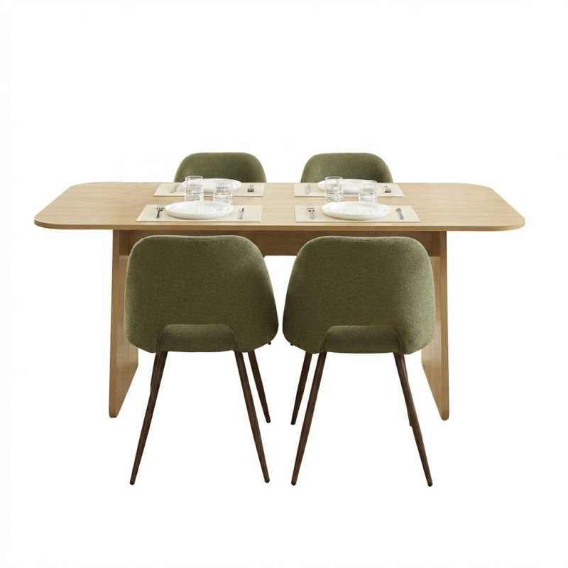 Ensemble table à manger LANGO chêne et 4 chaises ELISABETH tissu vert, style contemporain
