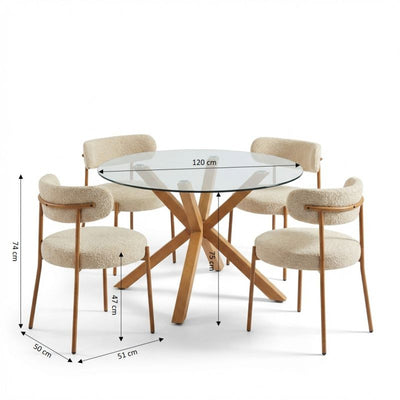 Ensemble repas table à manger ronde en verre HARRY 120 cm et lot de 4 chaises NOA tissu bouclette beige