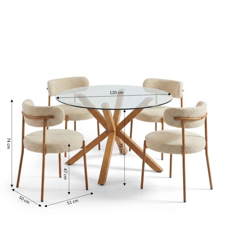 Ensemble repas table à manger ronde en verre HARRY 120 cm et lot de 4 chaises NOA tissu bouclette beige