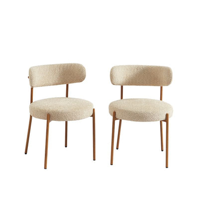 Ensemble repas table à manger ronde en verre HARRY 120 cm et lot de 4 chaises NOA tissu bouclette beige