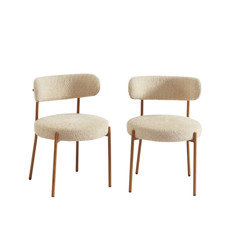 Ensemble repas table à manger ronde en verre HARRY 120 cm et lot de 4 chaises NOA tissu bouclette beige