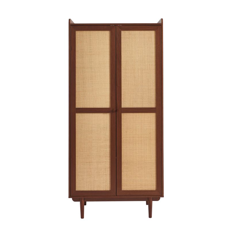 Armoire 2 portes h190cm placage noyer et cannage, style naturel sophistiqué