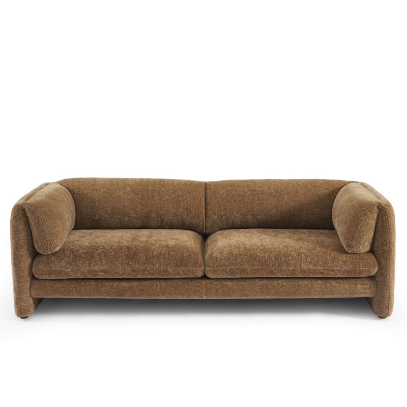Canapé droit fixe 3 places en velours texturé marron, formes arrondies style contemporain