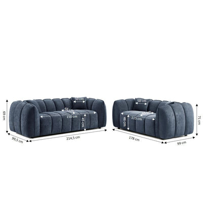 Ensemble canapés droits fixes 3+2 MATILDA tissu chenille bleu