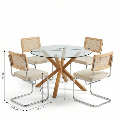 Ensemble repas table à manger ronde en verre HARRY 120cm et lot de 4 chaises ELLA velours côtelé écru et cannage