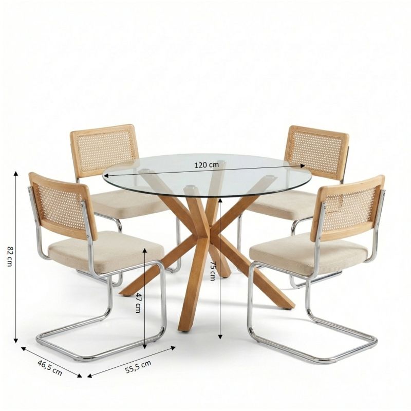 Ensemble repas table à manger ronde en verre HARRY 120cm et lot de 4 chaises ELLA velours côtelé écru et cannage