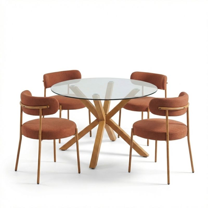 Table ronde en verre 120cm HARRY et 4 chaises tissu terracotta NOA, salle à manger moderne