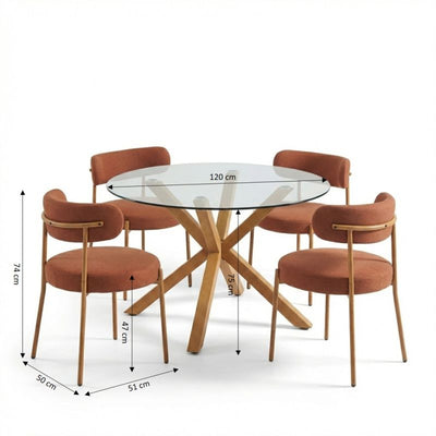 Ensemble repas table à manger ronde en verre HARRY 120 cm et lot de 4 chaises NOA tissu terracotta