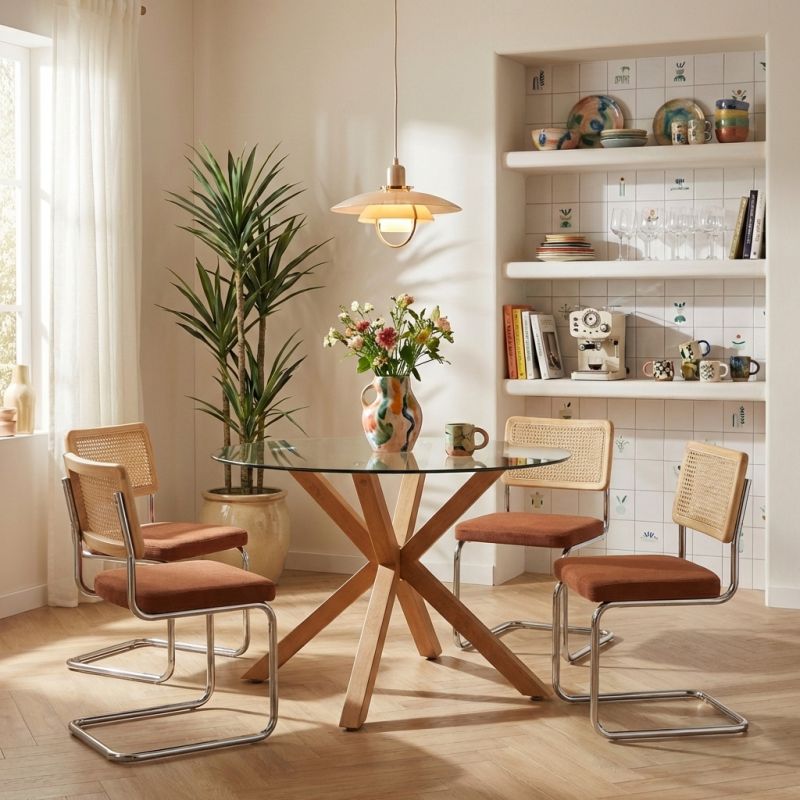 Ensemble repas table à manger ronde en verre HARRY 120 cm et lot de 4 chaises ELLA velours côtelé terracotta et cannage