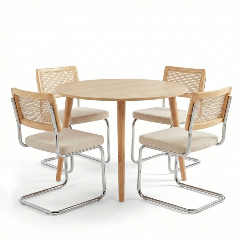 Table extensible Oracle placage chêne avec 4 chaises Ella velours côtelé écru et cannage