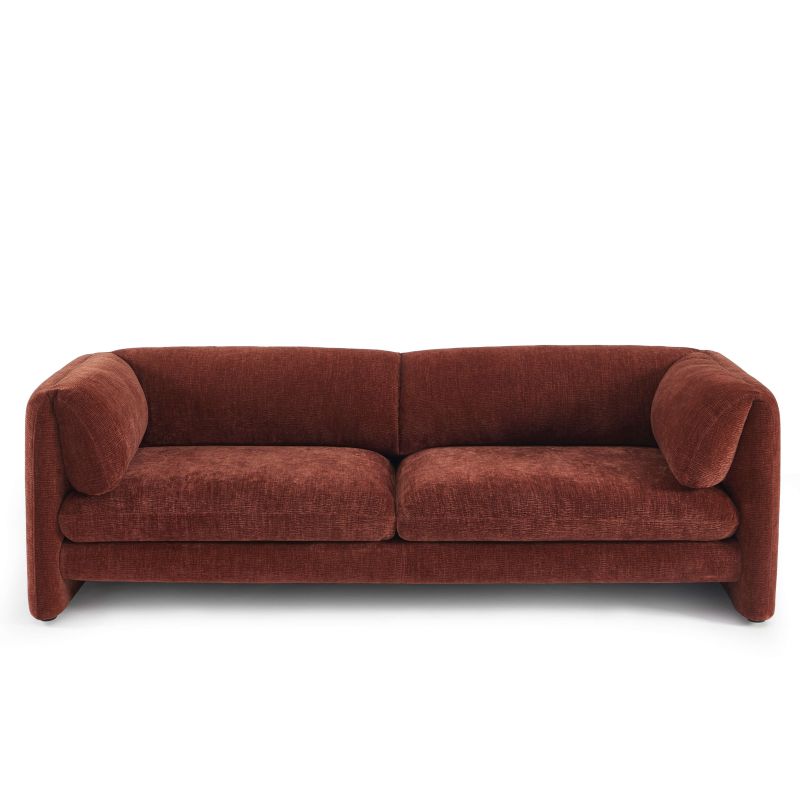 Canapé droit fixe 3 places en velours texturé terracotta, formes arrondies style contemporain